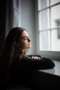 a woman sitting at a desk